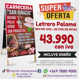 PALOMA 80X140 letrero paloma, leterro para almacen, letrero paloma para negocios